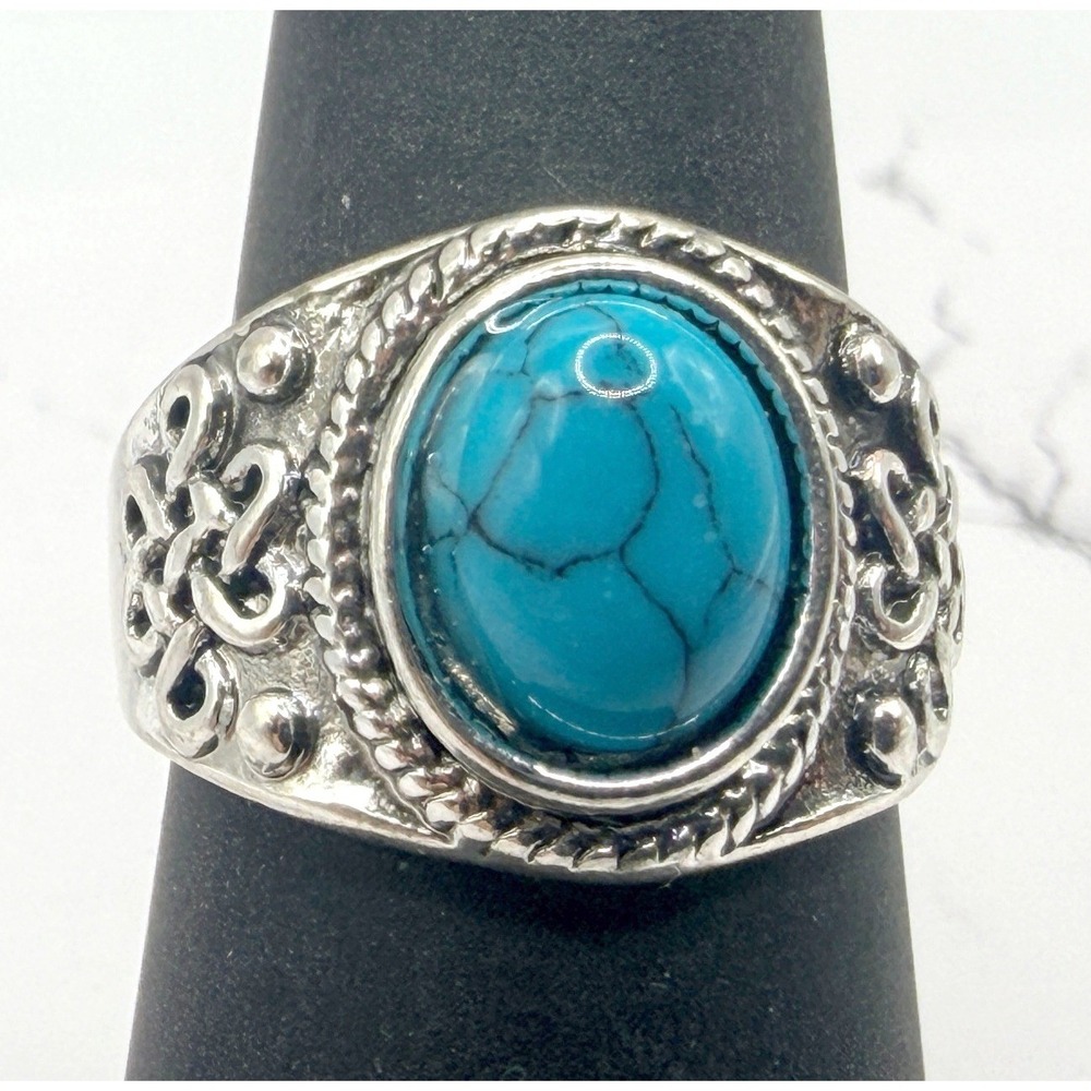 Turquoise Color Stone Ring Silver Tone Oval‎ Boho Statement Size 7.5